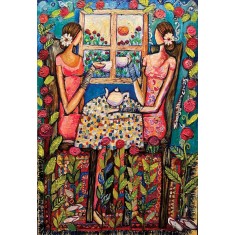 Shazly Khan, Sisters, pouring their hearts out over a cup of tea, 24 x 36 Inch, Acrylic on Canvas, Figurative Paintings, AC-SZK-167